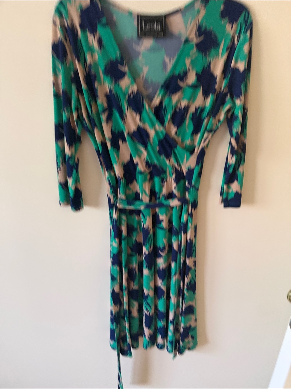Leota Teal, Navy & Cream Printed Wrap Dress
